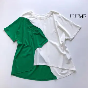 3390 U:UME 유메 반팔 티셔츠 비대칭 배색 투톤
