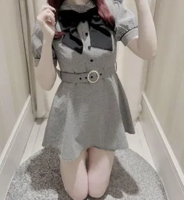 evelyn 빅 리본 깅엄 체크 무늬 미니 원피스 올인원