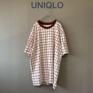 유니클로] XL 라이트 베이지 브라운 홍차 체크 에어 리듬 티셔츠 반팔