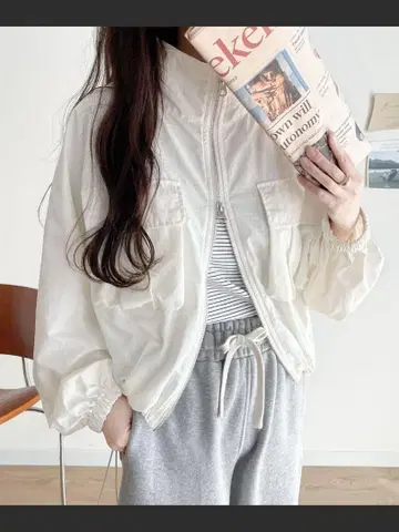 클래식 엘프 더블 지퍼 밑단 드로스트 숏 자켓 L 사이즈 아이보리