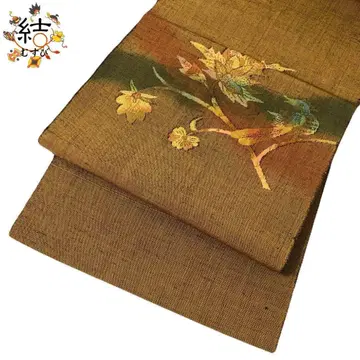 MO-3043 나고야 오비 명주 무늬 꽃과 새 패턴 노랑 브라운