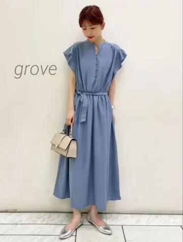 새상품 그로브 키넥 플레어 원피스 프릴 소매 허리 리본