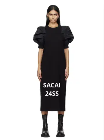 SACAI 퍼프 슬리브 맥시 원피스 블랙 24SS