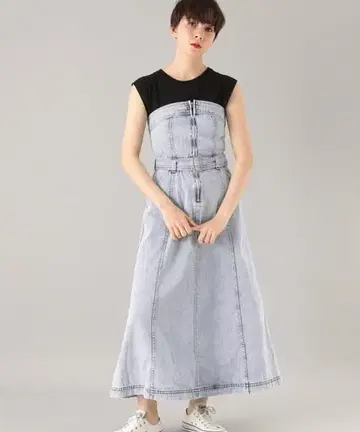 새상품급 PAGEBOY 케미컬 데님 원피스 베어 탑 라이트 블루 F