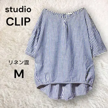 스튜디오 클립 반팔 코튼 린넨 스트라이프 셔츠 밑단 라운드 M 개더링