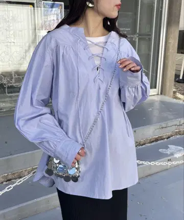 레이스업 튜닉 기장 개더 블라우스