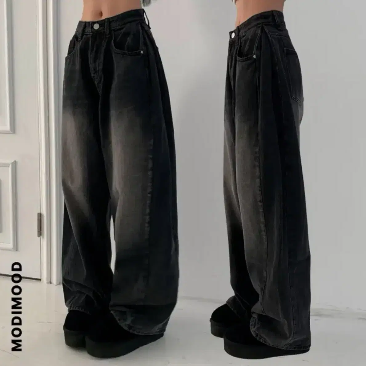 【MODIMOOD】SIDE PINTUCK WASHING DENIM Modimood Washing Side Pintuck Wide Pants (Dark Black/M) on