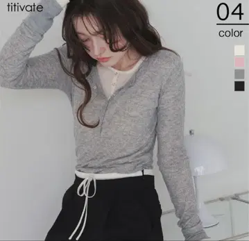 titivate 아이보리/시어 골지 헨리넥 상의 긴팔