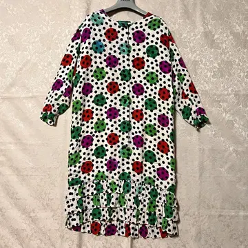 VINTAGE USA 도트 플리츠 롱 원피스 화이트 멀티 컬러 버튼