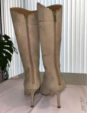 베이지 스웨이드 하이힐 롱 부츠