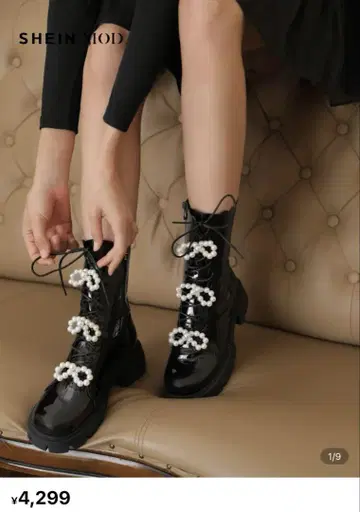shein 펄 리본 부츠 하라주쿠 에나멜 부츠 통굽 24.5