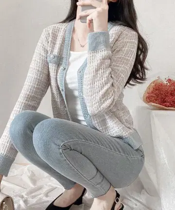 SONA SONYUNARA 믹스 트위드 배색 가디건