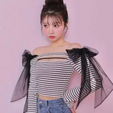 엠미에메 데콜테 오픈 튤 리본 상의