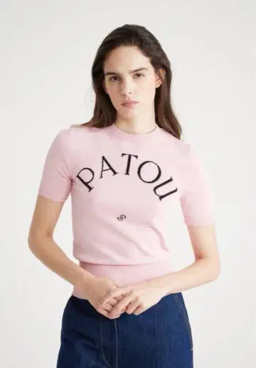 PATOU 긴자 SIX 한정판 핑크 로고 반팔 니트 정품