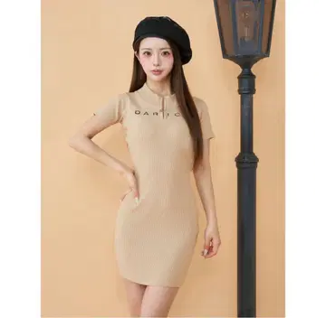 다리치 하프 지퍼 리브 니트 미니 원피스