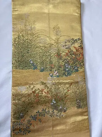 기모노 육통 무늬 후쿠로 오비 꽃과 물결 무늬 금실 순수 실크