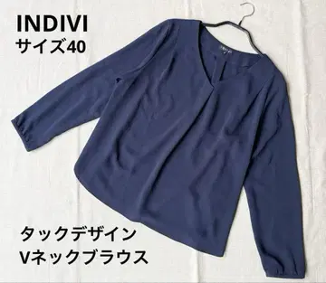 INDIVI 턱 디자인 V넥 블라우스 네이비 40 L 긴팔