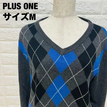 PLUS ONE 아가일 V넥 스웨터 M 새상품급 멋쟁이 [143]