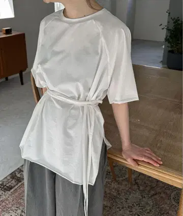 feepur 비대칭 허리 로프 래글런 티셔츠