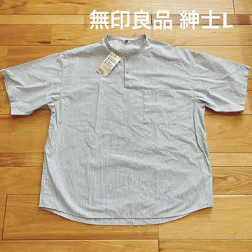 무인양품 헨리넥 반팔 신사 L 라이트 그린 스트라이프
