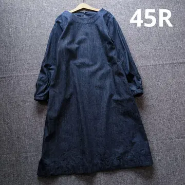45R 인디고 데님 원피스 루즈한 로고 자수 사이즈 2 일본제