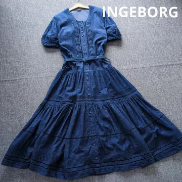 잉게보그 데님 원피스 벌룬 슬리브 피코 프릴 레이스 벨트 포함