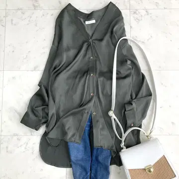 라운지 드레스 새틴 블라우스 V 넥 카키 골드 버튼 카키 그린 F