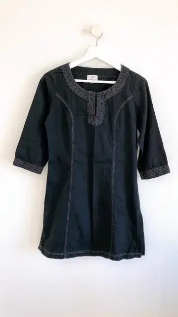 ANOKHI 자수 장식 5부 소매 코튼 블랙 민족풍 판자비 S