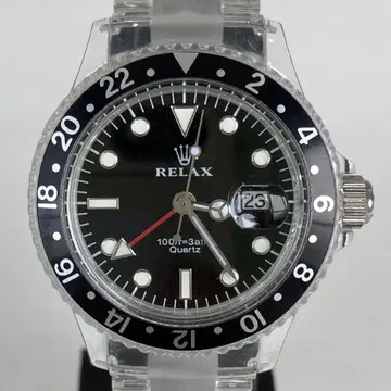 RELAX 손목시계 GMT 모델 블랙 다이얼 클리어 벨트 세타가야 베이스