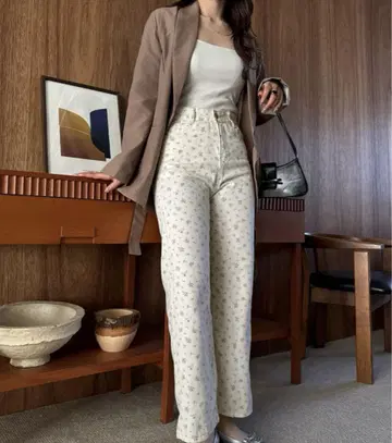 Ada.efill 레트로 꽃무늬 하이 웨스트 데님 팬츠 꽃무늬 데님 팬츠