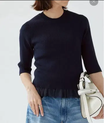 택 포함 미사용 새상품 이에나 IENA 리브 니트 소매 탑 네이비
