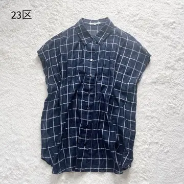 23구 코튼 실크 46 프렌치 슬리브 블라우스 네이비 체크 실크