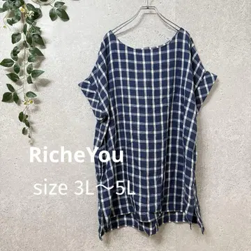 RicheYou 린넨 체크 무늬 반팔 튜닉 내추럴 빅 사이즈