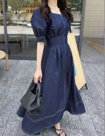 GRL 백 레이스업 배색 스티치 데님 원피스