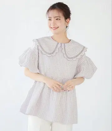 fitmore 깅엄 스캘럽 옷깃 블라우스