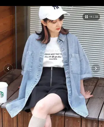 tiptop 데님 오버 사이즈 셔츠 반팔 라이트 블루