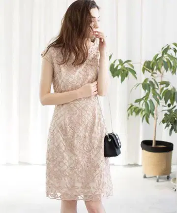 아나이 투톤 튤 자수 원피스 핑크 베이지