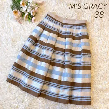 새상품급 M'S GRACY 멀티 보더 린넨 혼방 스커트 블루 38