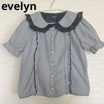 evelyn 에블린 깅엄 체크 레이스 둥근 카라 상의 반팔 블라우스