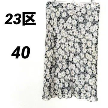 23구 실크 100% 꽃무늬 플레어 스커트 종아리 기장 일본제 고급 L