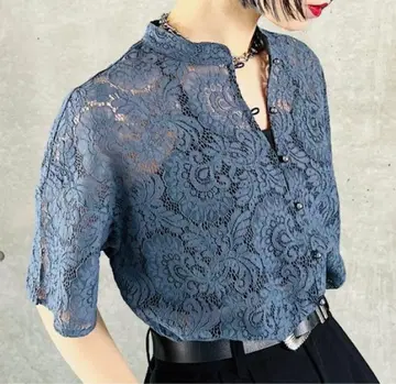 레이스 밴드 카라 셔츠 PAGEBOY 스카이블루 블루