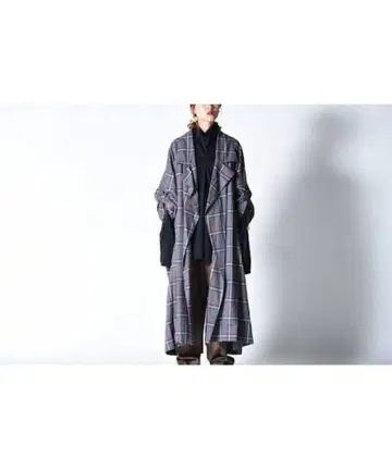 My Beautiful Landlet 타탄 체크 끈 와이드 롱 코트