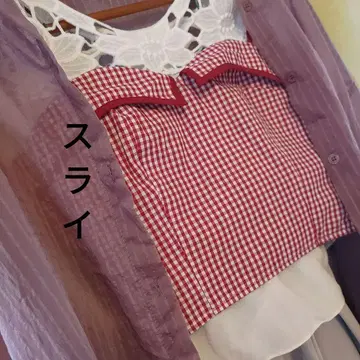레이어드 세트 비침 와인색 체크 무늬 상의와 팬츠 3개 세트