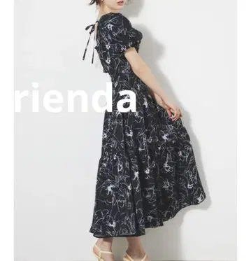 리엔다 rienda 스트링 퍼프 원피스 드레스 꽃무늬 블랙 S