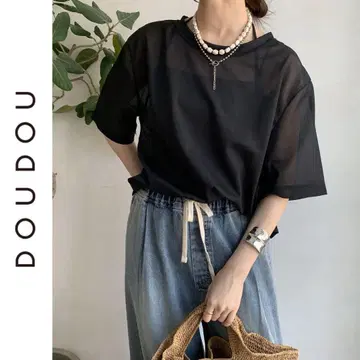 새상품 DOUDOU 트리코 오간자 TEE 두두 블랙