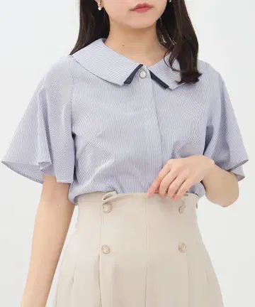 옷깃 배색 스트라이프 반팔 블라우스