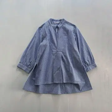 Veritecoeur 깅엄 체크 블라우스 개더 턱 스카이블루