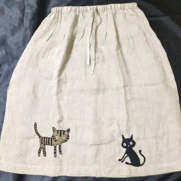 고양이 자수 베이지 린넨 스커트 허리 밴딩 프리 사이즈