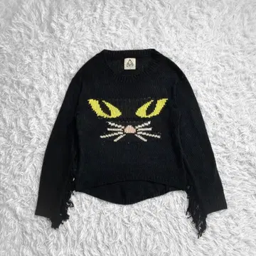 UNIF 검은 고양이 패턴 프린지 니트 S 블랙 y2k 그런지 애니멀