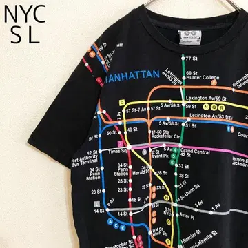빈티지 NYC SL 기차 지하철 노선도 러버 프린트 티셔츠 구제 의류